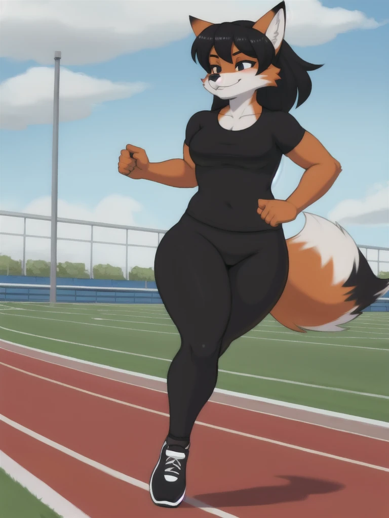 Furry, fox, female, black shirt, black leggings, shoes, running track, solo, full body