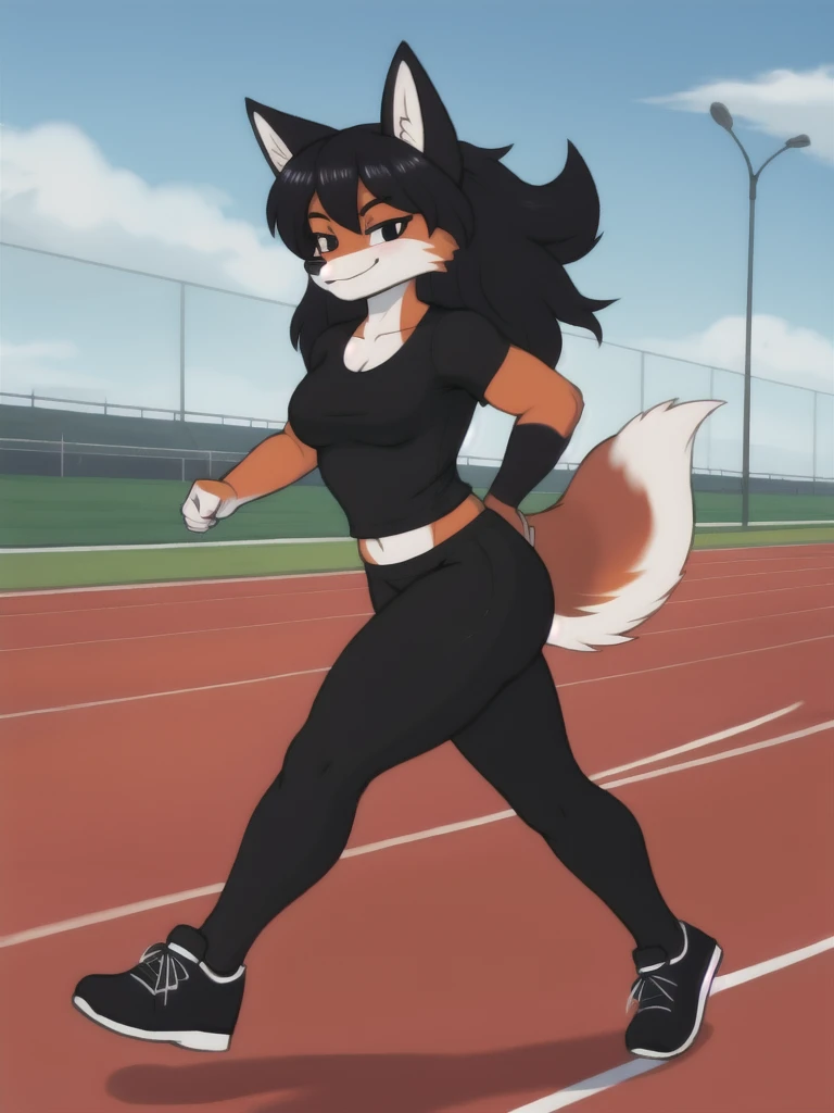 Furry, fox, female, black shirt, black leggings, shoes, running track, solo, full body