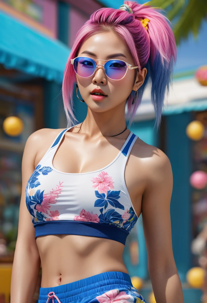 ((work of art, Maximum quality, high resolution)), ((highly detailed 8K unified CG wallpaper)), (Asian woman, 1,72m), (skin fair, Asian appearance), (extremely seductive), (Very defined muscles), (fully body), (wearing blue shorts with floral prints), (white top with tribal prints), (wearing sports glasses with yellow 90 lenses% transparent), (pink  hair)