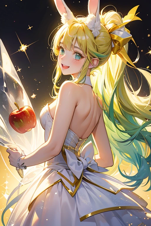 A glittering two-colored ice GIRL bunny, one side is lime, one apple-red. She has shut happy eyes and an opened mouth. A light gold bow rests beneath her ears. SPARKLE; GLITTER