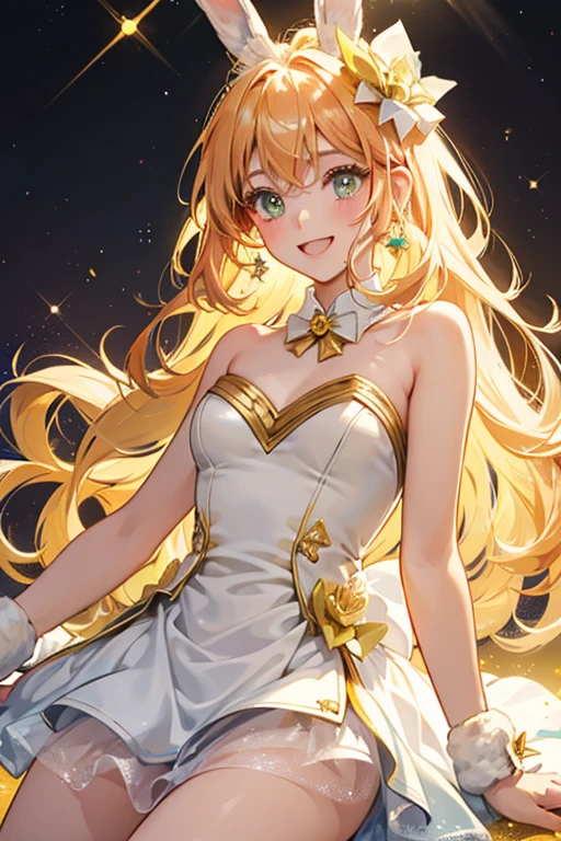 A glittering two-colored ice GIRL bunny, one side is lime, one apple-red. She has shut happy eyes and an opened mouth. A light gold bow rests beneath her ears.  SPARKLE; GLITTER
