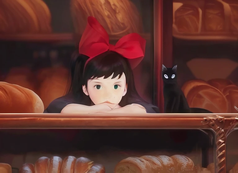 1. **Characters**:
- Girl: Her hair is tied up with a big red ribbon and she has black hair. She is resting her chin on her hands and looking out the window over the counter. She is wearing a black dress.
- Black Cat: The black cat is sitting next to the girl and is also looking out the window over the counter.
2. **Background**:
- It seems like we are in a bakery. There are shelves behind us with various types of bread lined up. The shelves are stacked with large loaves of bread and baguettes.
3. **Counter**:
- There is also bread lined up on the counter. You can see the bread and pastries through the glass of the counter.
4. **Atmosphere**:
- The atmosphere is generally calm, and the store is lit with warm lighting. The girl and the black cat look relaxed and seem to be having a quiet moment.
Photo, 8K, highest quality, best details