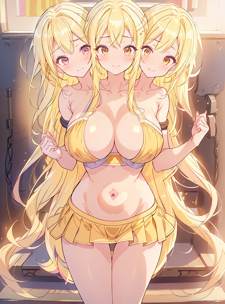 best quality, (masterpiece),(ultra-detailed), (high quality), (high resolution), ((3heads:1.5)), best quality:1.5, highres, UHD, 16K), smiling, highres, masterpiece, ((blonde hair:1.5)), (long hair), blushing, ((cinematic particles)), cowboy shot, ((crop top)), pink-yellow miniskirt, sharp looking eyes , open breasts, huge tits, open belly, headband, cute smile