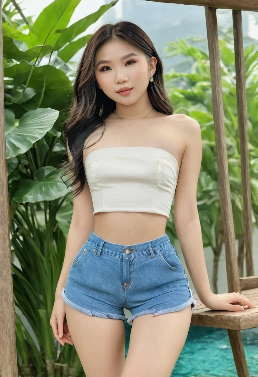 ((Best resolution)), ((high quality:1.2)), Work of art, 8k, extremely detailed, ((High detail:1.2)), (HotLexi woman), Solo, 24 years old Vietnamese female, (mini-shorts, crop strapless), (beautiful defined square model face:1.23),