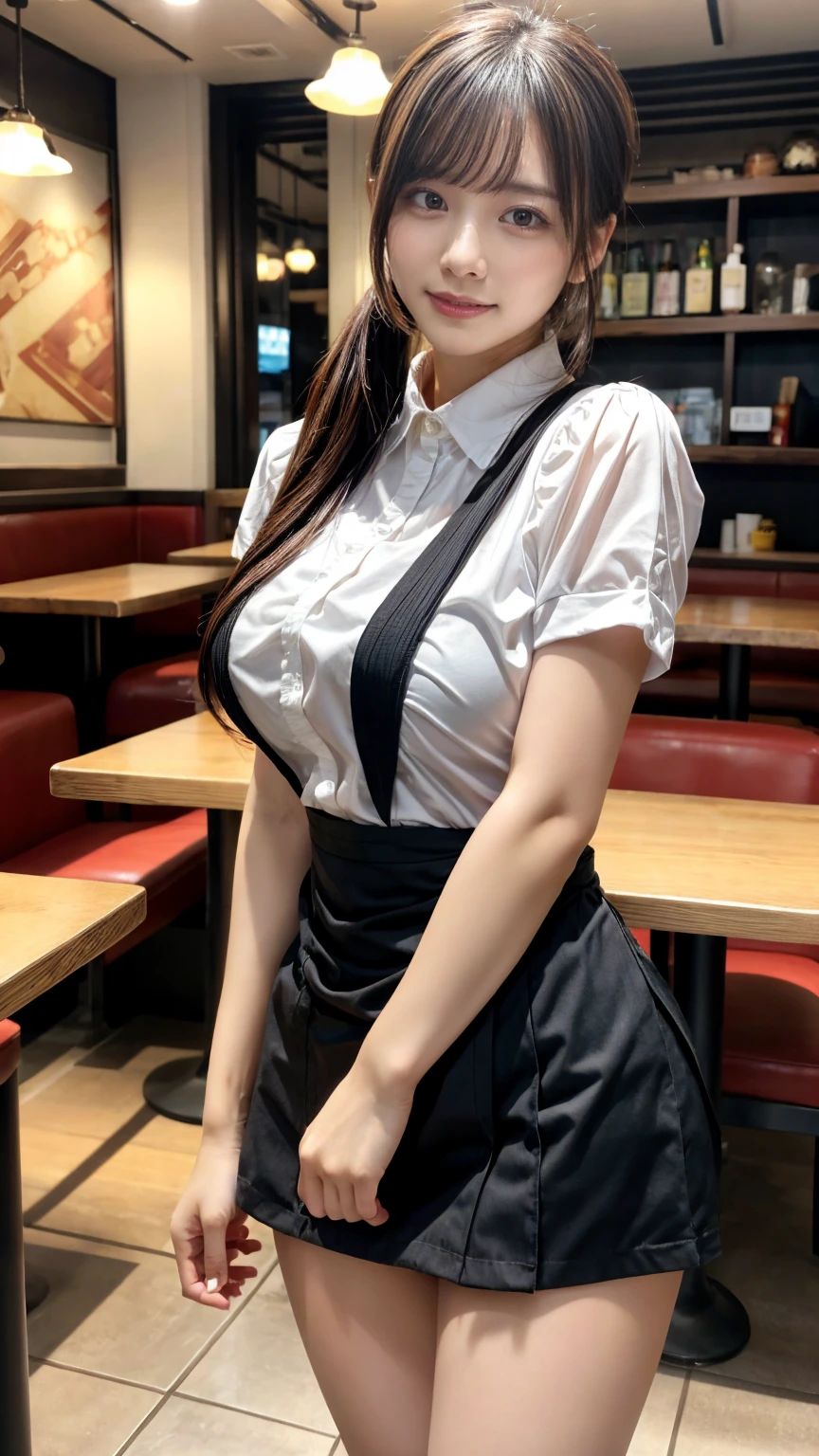 masterpiece, best quality, illustration, Super detailed, fine details, High resolution, 8K,wall paper, perfect dynamic composition,(Details High quality, realistic depiction of eyes:1.3), restaurant, waitress uniform, ponytail, large breasts, black hair color, Big Natural Color Lip, bold sexy pose, (perfect body shape), crying a little、Harajuku style、20 year old girl、cute type, beautiful legs, hposing Gravure Idol, Voluptuous thighs