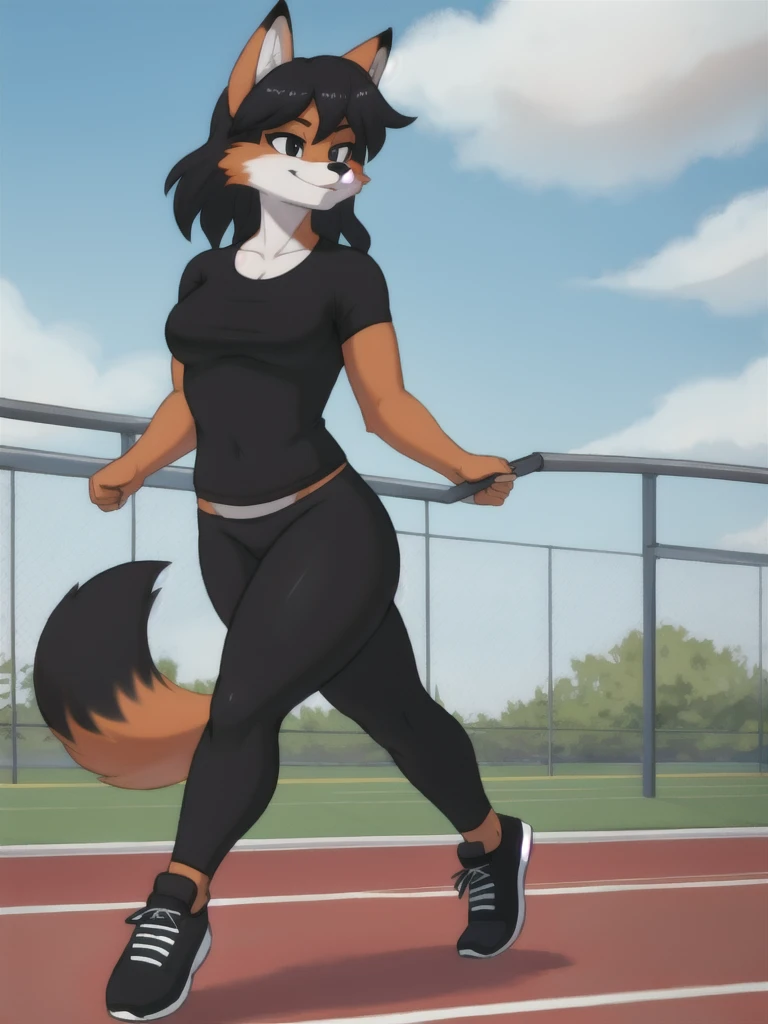 Furry, fox, female, black shirt, black leggings, shoes, running track, solo, full body