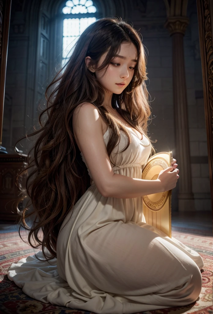 A beautiful woman with huge hair in a beautiful long dress kneeling praying , above her head a beautiful light that comes from the heavens