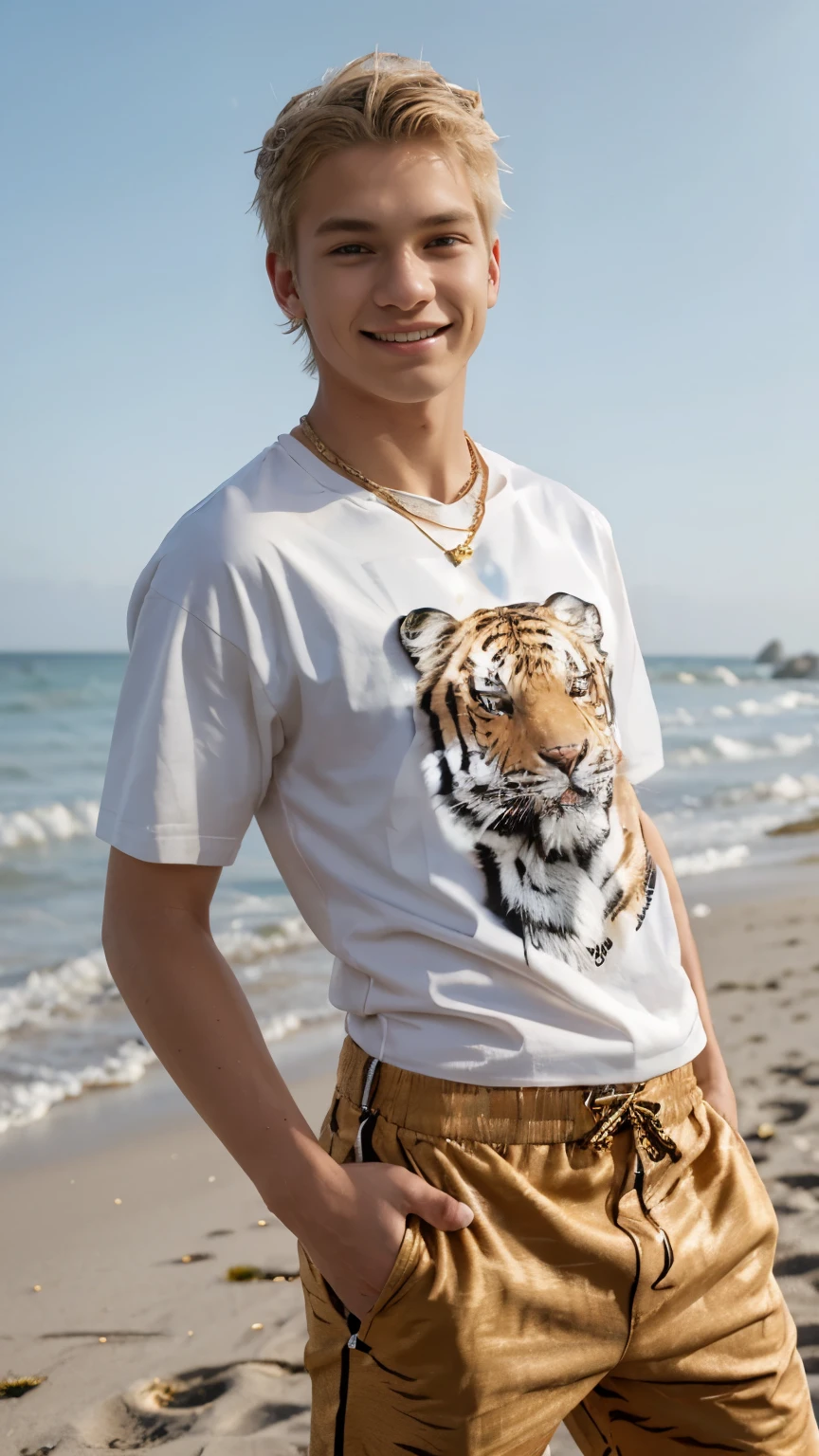 (1 boy) , 16-year-old ,blonde haired all back, smile, pearlescent skin, Gold Necklace, (T-shirt with tiger face printed on it),(extra over-size t-shirt), white tiger pants, BREAK, (Decisive pose:1.1),front view, On the beach in the daytime