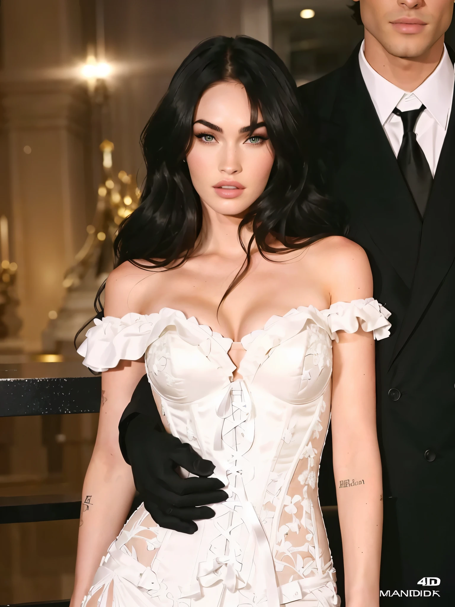 American woman in a white dress and a man in a black suit, beautiful model, full body, elegant corset, megan fox, by Madison Beer, by megan fox, High resolution high, Quality, 4k, Details