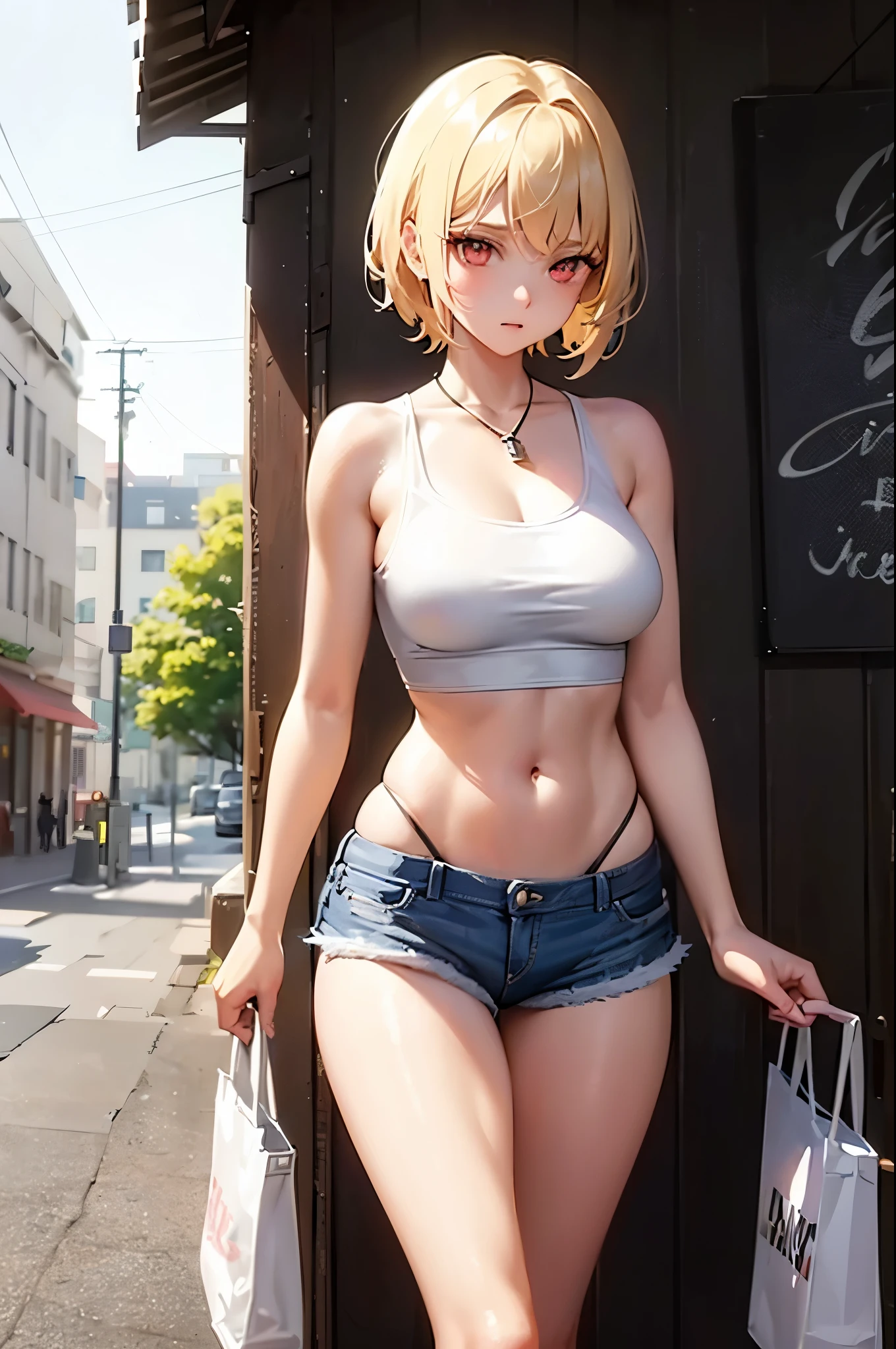 Create an image of a 20-year-old teenage woman named Zoe. He has an angelic face with red eyes, White skin. its height is 1,70 meters and has a detailed physique with large, firm breasts. His short hair, pixie style, He is blonde and straight, just above your shoulders, Wear a white tank top, neckline, Sexy Bar Mini Shorts with Denim Thong, low rise, High socks,, visible navel, thing legs, thin legs, long legs, walking. Zoe&#39;s pose is straight and firm, Looking towards the camera