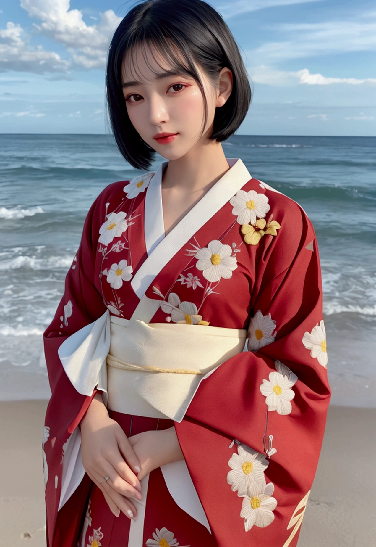8k resolution、high resolution、high quality、Real、summer night、Ocean、Big fireworks、woman、20-year-old、A once in a century beauty、Body tilted to the right(45 degrees)Suitable for、A full-body depiction of her、Short-haired black hair(It has a gentle wave.)、Shiny black hair with an airy feel、Clear and bright skin、Dignified eyebrows、Cat Eyes、The black eyes are large and shining、The nose is small and high、Plump and moisturized lips、Small face、Sharp jawline、light makeup、The red kimono is detailed with small floral embroidery.、Shiny kimono、
