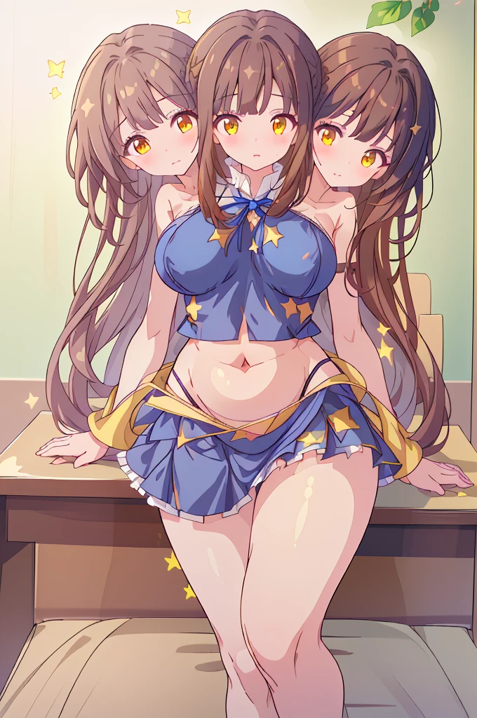 (masterpiece, best quality), best quality, (ultra-detailed), ((3heads:1.5)), 1girl, (star sapphire:1.3), masterpiece, best quality, ultra quality, ultra resolution, ultra detail, white top, crop top, ((stomach)), midriff, ((groin)), open midriff, white and blue skirt, miniskirt, normal ears, shackles, dark brown hair, ((brunette)), very long hair, wavy hair, sidelocks, yellow eyes, detailed eyes, parted lips, fairy wings, sweat, cute, open belly, toned belly, hand on own chest, eyelashes, (24 year old woman:1.3), (masterpiece:1.5), (best quality:1.5), (beautiful detailed), extremely detailed CG, extremely delicate and beautiful, depth of field, (finely detailed face), (perfect details:1.2), (mature female:1.3), wide pelvis, slender, large veiny breast, 16k resolution, highres, high quality, high definition, extremely detailed, masterpiece, dark brown hair, long hair, alluring presence, braid, short skirt, miniskirt, close up, very big tits, huge tits, young, blue ribbon attached to the hair, butterfly-shaped wings, open belly, midriff, nsfw, bare stomach, girl with three heads, three headed girl,
