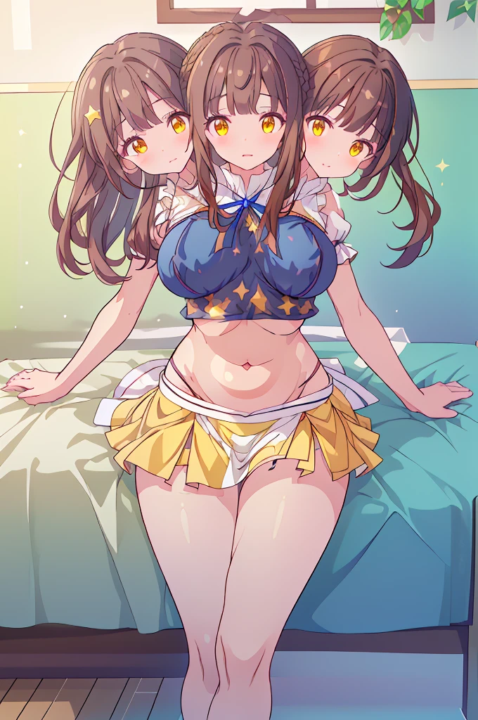 (masterpiece, best quality), best quality, (ultra-detailed), ((3heads:1.5)), 1girl, (star sapphire:1.3), masterpiece, best quality, ultra quality, ultra resolution, ultra detail, white top, crop top, ((stomach)), midriff, ((groin)), open midriff, white and blue skirt, miniskirt, normal ears, shackles, dark brown hair, ((brunette)), very long hair, wavy hair, sidelocks, yellow eyes, detailed eyes, parted lips, fairy wings, sweat, cute, open belly, toned belly, hand on own chest, eyelashes, (24 year old woman:1.3), (masterpiece:1.5), (best quality:1.5), (beautiful detailed), extremely detailed CG, extremely delicate and beautiful, depth of field, (finely detailed face), (perfect details:1.2), (mature female:1.3), wide pelvis, slender, large veiny breast, 16k resolution, highres, high quality, high definition, extremely detailed, masterpiece, dark brown hair, long hair, alluring presence, braid, short skirt, miniskirt, close up, very big tits, huge tits, young, blue ribbon attached to the hair, butterfly-shaped wings, open belly, midriff, nsfw, bare stomach, girl with three heads, three headed girl,