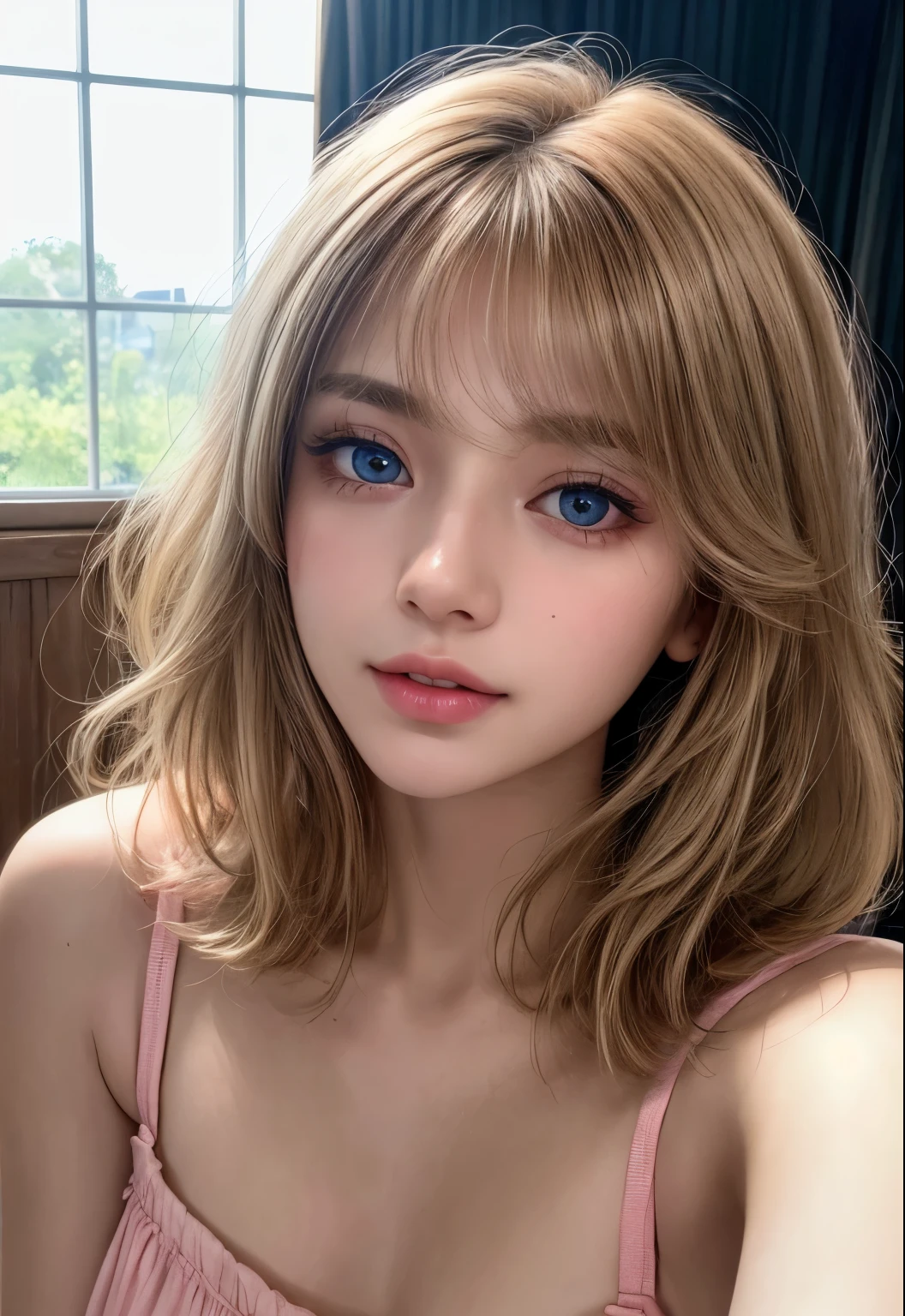 Beautiful blonde in pink Sleeveless,  Very detailed, 21 years old, Innocent face, Naturally Wavy Hair, blue eyes, High resolution, masterpiece, 最high quality, Intricate details, Very detailed, Clear focus, Delicate skin, practical skin texture, texture, Delicate eyes, Professional, 4K, Cute Smile, Shot with Canon, 85mm, Shallow and deep, Kodak Vision Color, Exactly, Very detailedな, photograph_\(Extremist\), photographpractical, practical, Post-processing, Maximum details, Roughness, Real Life, Extremist practical, Photorealism, photographgraphy, 8kウルトラHD, photographgraphy, (最high quality、Tabletop、8k、Best image quality、Award-winning works)、Sleeveless, (Red eyeshadow:1.2)、Perfect Makeup、Long eyelashes、Ultra-high definition sparkling eyes、Ultra HD Hair、ultra High resolution glossy lips、Super High resolution perfect teeth、Super High resolution cute face、Brown Hair、(Very short straight hair:1.1)、Look at me and smile、[clavicle]、Accurate anatomy、With bangs、超High resolutionのShine肌、The most detailed face、Ultra High resolution detailed faces、ultra High resolution hair、Fashion model, 25 years old, [[[[chest]]]], [[[[head]]], [shoulder]]]]], Perfect Eyes, Perfect Iris, Perfect Lips, Perfect Teeth, Perfect Skin, Soft Front Light, Shine, High resolution, (Soft colors: 1.2), Best Quality, a photographrealistic portrait of a stunningly beautiful woman without make-up, Very detailedな light hazel eyes, Symmetrical, realistic face with great detail, Very detailedな natural texture, Peach fuzz, Messy Hair, masterpiece, Absurd, award winning photograph by lee jeffries, nikon d850 film stock photographgraph, Kodak Portra 400 Camera F1.6 Lenses, Very detailedな, wonderful, The finer details, Rich colors, hyper realistic lifelike texture, Dramatic lighting, Unreal Engine, Trending on Art Station, Cinestill 800 Tungsten, Looking at the audience, photograph realistic, RAW photograph, Tanvir Tamim, high quality, High resolution, Sharp focus, Very detailedな, Cinema Lighting, 8k uhd, Kneel
