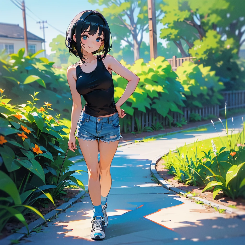 (high quality, High resolution, Very detailed, reality:1.37), Peaceful atmosphere, (Outdoor, garden), Teenage girl standing alone, (my breasts are big.), Beautiful details, Cute Smile, (Black bob hair), White tank top, Denim shorts, Blue socks, sneakers.
