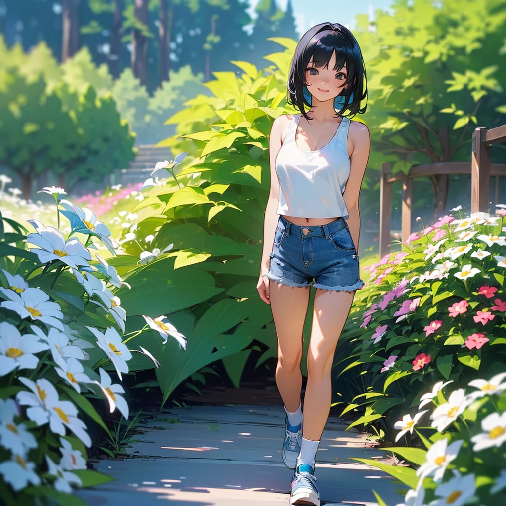 (high quality, High resolution, Very detailed, reality:1.37), Peaceful atmosphere, (Outdoor, garden), Teenage girl standing alone, (my breasts are big.), Beautiful details, Cute Smile, (Black bob hair), White tank top, Denim shorts, Blue socks, sneakers.