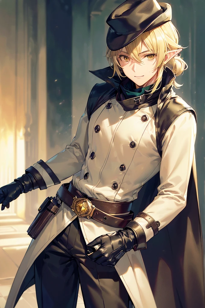 (((masterpiece; best quality: 1.2))), (finely detailed eyes: 1.3), (25 year old elf man), (solo), (yellow eyes: 1.4), (body; toned, fit, masculine: 1.3), (silky blonde hair in low ponytail: 1.3), (beautiful and clear background: 1.2), ((depth of field)), (equipment: adventurer garb + modest + elegant wide-brimmed hunter hat + dark overcoat + dark long cape + black pants + gloves + belt + pouches: 1.3), (anime illustration: 1.2), (background composition; royal garden: 1.1), (extremely fine and handsome: 1.1), (shot composition; standing + centered on torso + close-up: 1.5), (expression; calm, smile: 1.2)