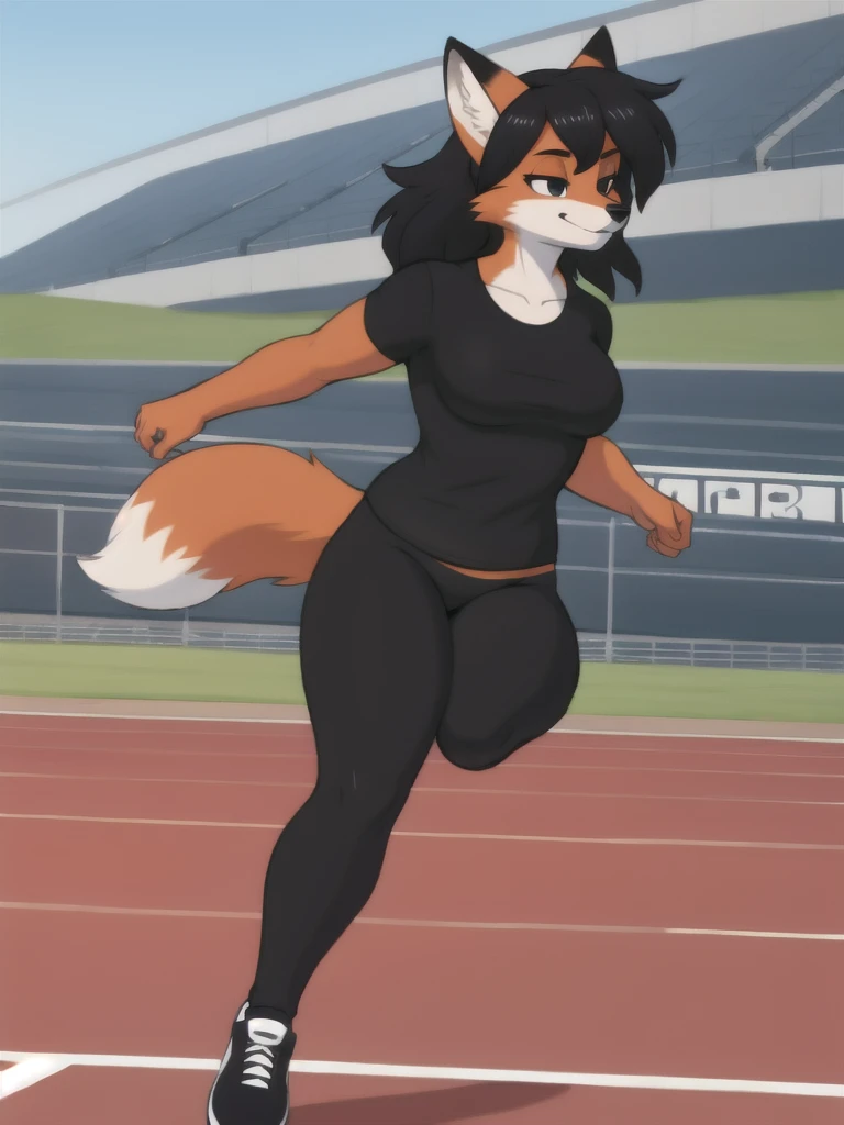 Furry, fox, female, black shirt, black leggings, shoes, running track, solo, full body