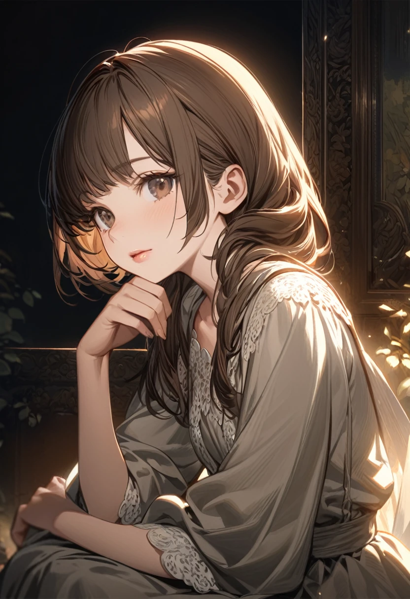 sam yang, 1girl, back, bare shoulders, yellow eyes, brown long hair, earrings, jewelry, lips, long hair, looking at viewer, looking back, necklace, off the shoulder, parted lips, portrait, day, depth field, soil, ((masterpiece))