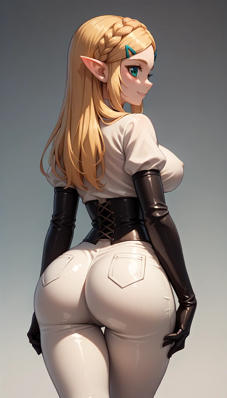 High resolution, Very detailed, perfect lighting, beautiful detailed eyes, ((masterpiece,Best Quality)), absurdities, alone, princess zelda, by the width, crown braid, Hair clip, pointy ears, corset azul, long sleeves, Gloves without fingers, black gloves, tight latex pants, smile, curves, nod, , deep neckline, deep neckline, NSFW, visible nipples, tight latex pants, view from behind, view from behind, big butt, big butt, vestida de conejita sexy, vestida de conejita sexy