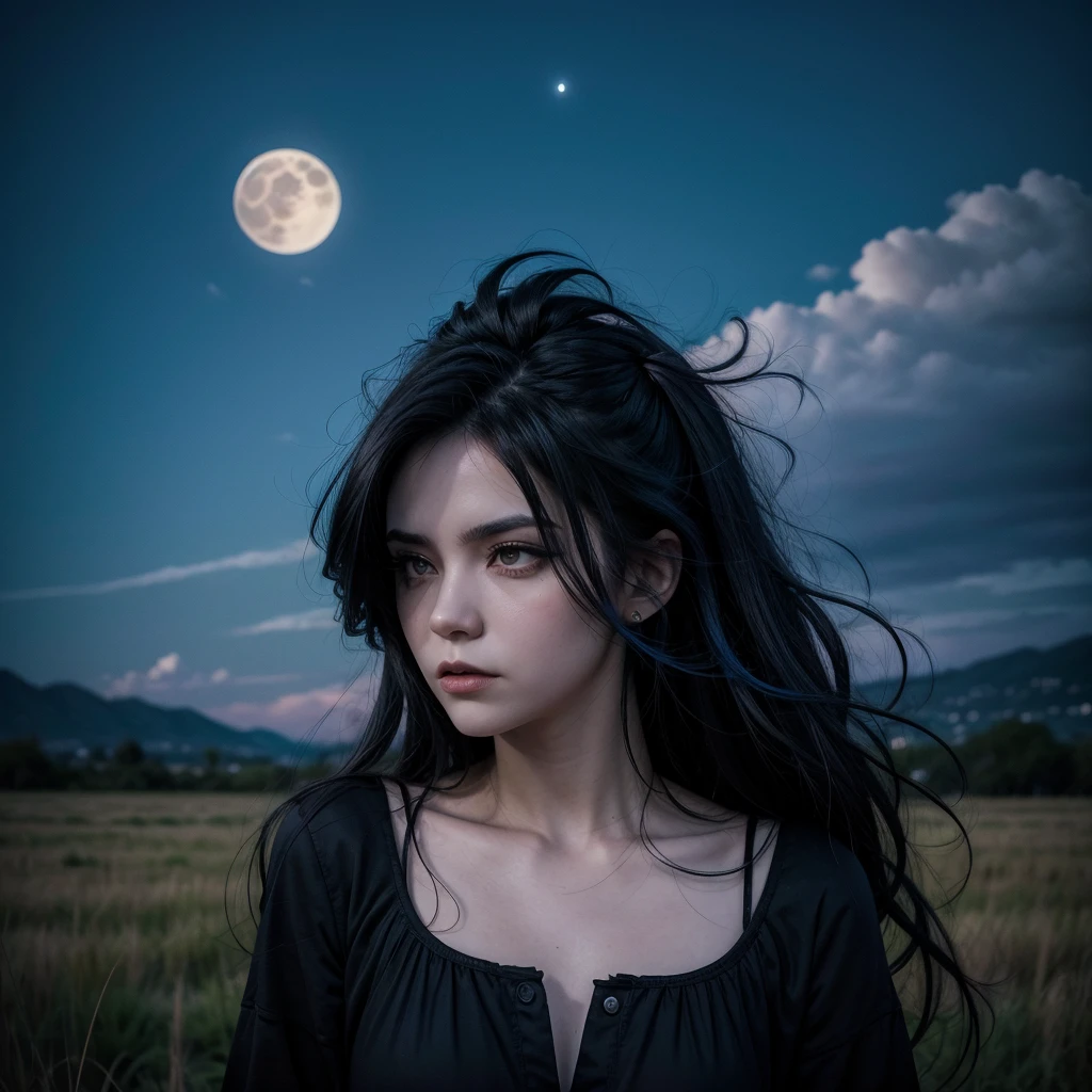Make a vampire falling on her side, in the background is the big moon, her hair is black with blue tips, album cover style, Vista lateral, Alta resolução, Linhas de movimento, Profundidade de campo, Contraluz, Iluminação cinematográfica,