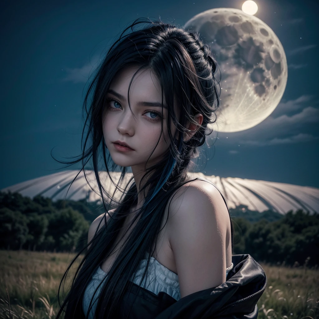 Make a vampire falling on her side, in the background is the big moon, her hair is black with blue tips, album cover style, Vista lateral, Alta resolução, Linhas de movimento, Profundidade de campo, Contraluz, Iluminação cinematográfica, 