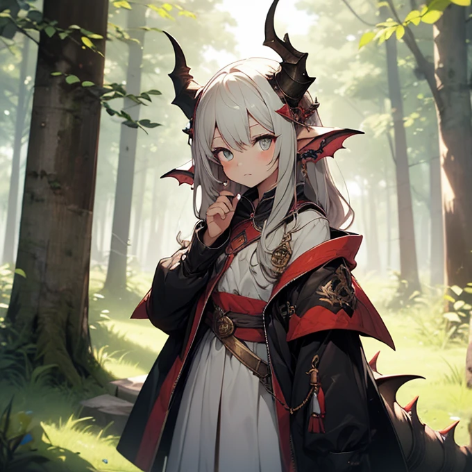 a dragon girl, 8 , linda, its size is small, Alas, horns, cola de dragona, forest.