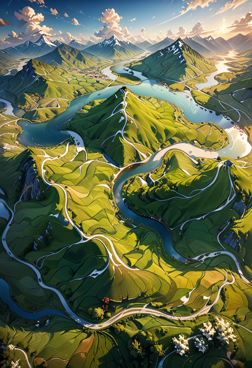 Bird's-eye view flying 500 meters above the ground, looking down at (right angles1.2) onto the fields below, beautiful landscape, aerial photography, rolling hills, lush meadows, countryside, meandering river, snow-capped mountains, dramatic clouds, morning light shining in from an angle, natural dramatic lighting, cinematic composition, stunning vistas, breathtaking scenery, serene atmosphere, peaceful countryside, (highest quality, 4k, 8k, high resolution, masterpiece 1.2), ultra-detailed, (realistic, photorealistic, photorealistic 1.37), landscape photography, vibrant colors, natural light, detailed lighting, dramatic shadows, vibrant colors, fantasy, digital art, concept art