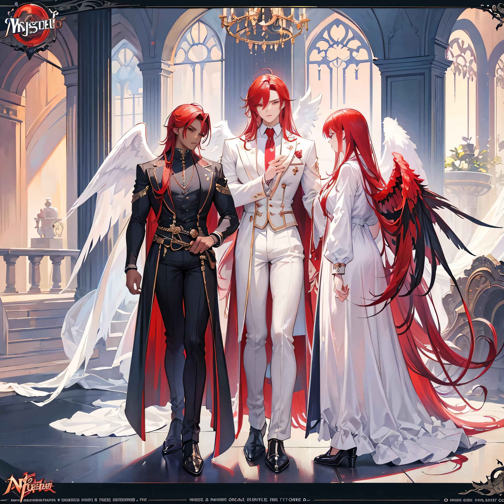 (Masterpiece, best quality), detailed, 1 man, ((character concept art)), ((character design sheet, same character, front, side, back)), full body, body complete, 1 Male angel, 1 Man angel, Detailed face, character design sheet，full bodyesbian, Highly detailed, character sheet, character design, Many parts, dark skin, angel wings, long red hair, angel outfit, muscle male god, male clothes, masculine, muscle man, male muscle, manly, male angel, Muscle male long red hair，beautiful man, beautiful muscle man, abs, pectoral muscle