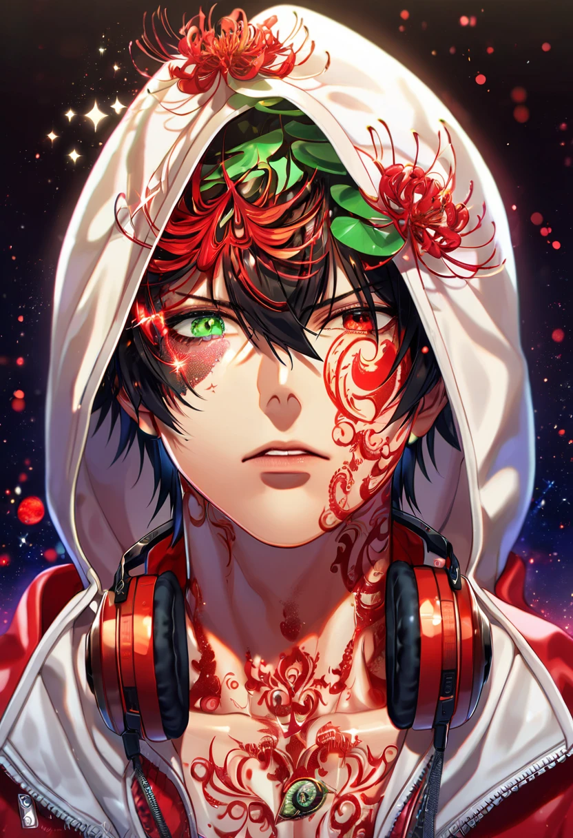 absurdres, highres, ultra detailed, HDR, master piece, best quality, extremely detailed, Yamada Ichiro, chin length black hair, heterochromia, left eye is red, right eye is green, Hypnosis Mic, white hoodie with two zippers, red varsity jacket, red headphones around his neck, solo, sexy man, handsome, sensual, fantasy, red blood water, sparkling, red glittering fireflies, red moon, red blossoms, red spider lilies, red sparkling lights, starry sky, magical