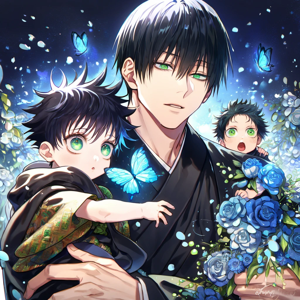 absurdres, highres, ultra detailed, HDR, master piece, Yugen as a little kid, black hair, expressive green eyes, Fushiguro Touji, black hair, expressive green eyes, Jujutsu Kaisen, black kimono, black haori with patterns, a handsome man carrying a cute boy, best quality, blue butterflies, blue flowers, fantasy, magical, solo, blue shining fireflies, blue petals, blue background