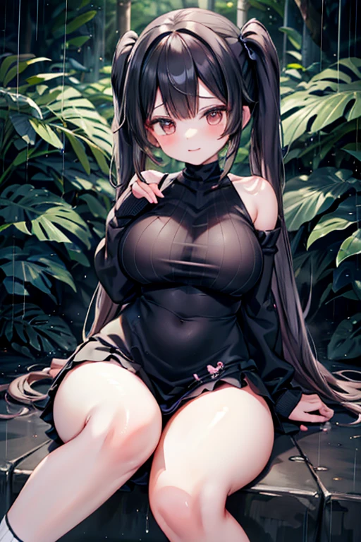 girl, black hair, no clothes, sexy, sweating, big breasts, medium thighs, forest background, extra detailed