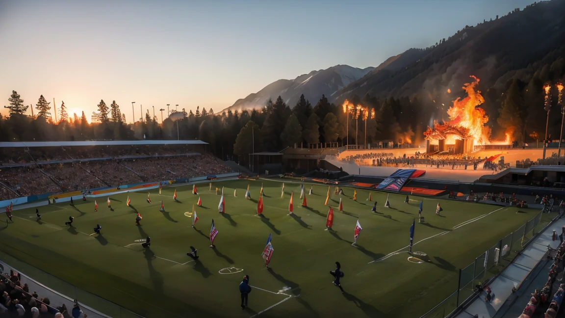 masterpiece, highest quality, Highest image quality, High resolution, photo realistic, Raw photo, wide shot, side view, full body photo, (Olympic Games open ceremony, 10 athletes walking in playground, hands up and holding fire torch and flag in hand and above the head, Olympic flames in the background)