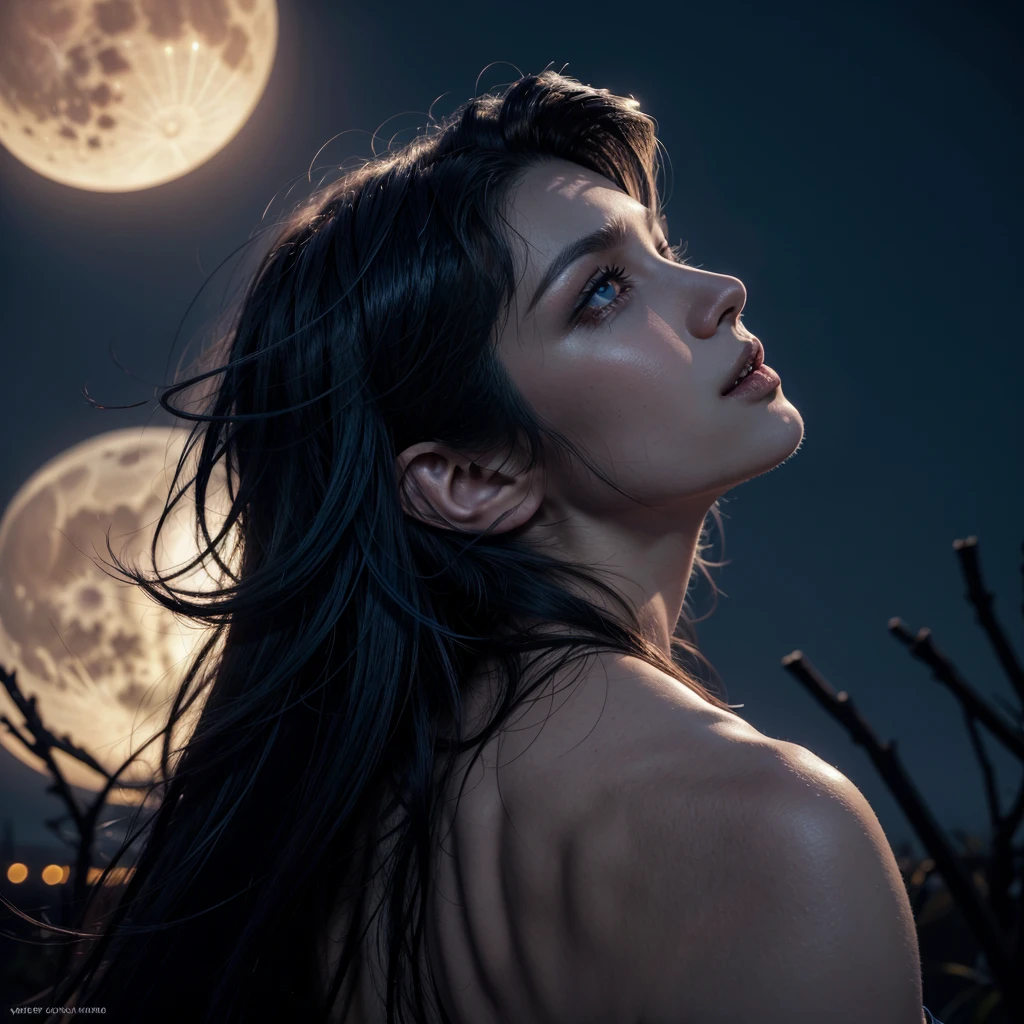 Make a vampire by falling sideways, In the background is a big moon, your hair is black with blue tips, album cover style,lateral view, high resolution, motion lines, Depth of field, backlighting, cinematic lighting, 