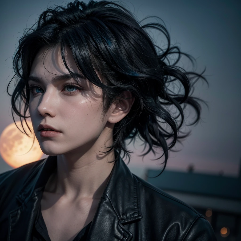 Make a vampire by falling sideways, In the background is a big moon, your hair is black with blue tips, album cover style,lateral view, high resolution, motion lines, Depth of field, backlighting, cinematic lighting, 