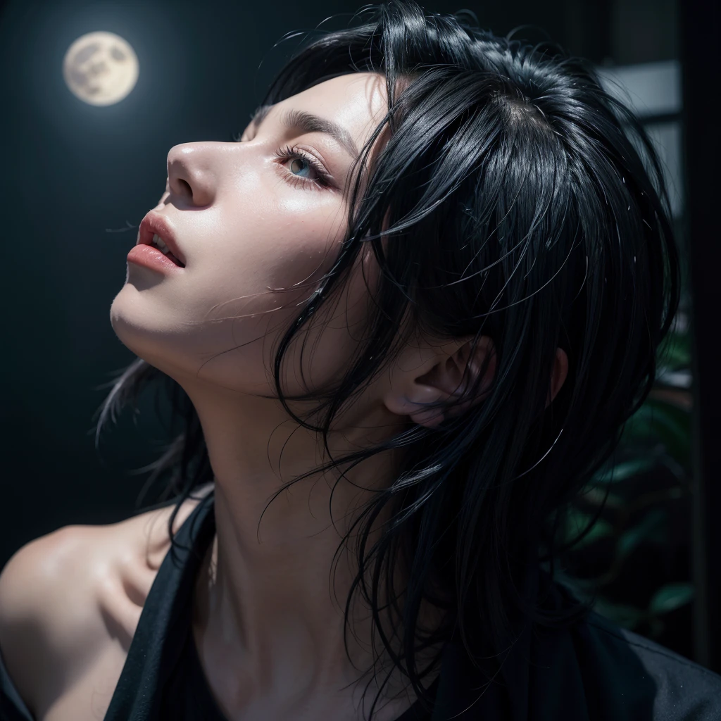 Make a vampire by falling sideways, In the background is a big moon, your hair is black with blue tips, album cover style,lateral view, high resolution, motion lines, Depth of field, backlighting, cinematic lighting,