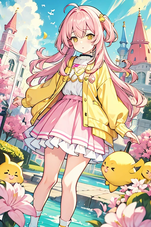 women, pastel pink hair, yellow eyes, fluffy yellow sweater, pink skirt, big white socks, black shoes, small 
