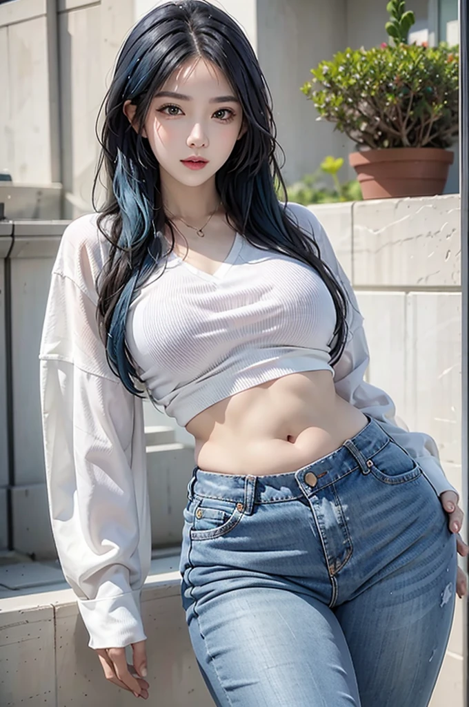 realistic, high resolution, 1 woman, alone, hips up, Look at the viewer., (detailed face), Blue Hair, rainbow hair, Wear jeans on the street, decorations,