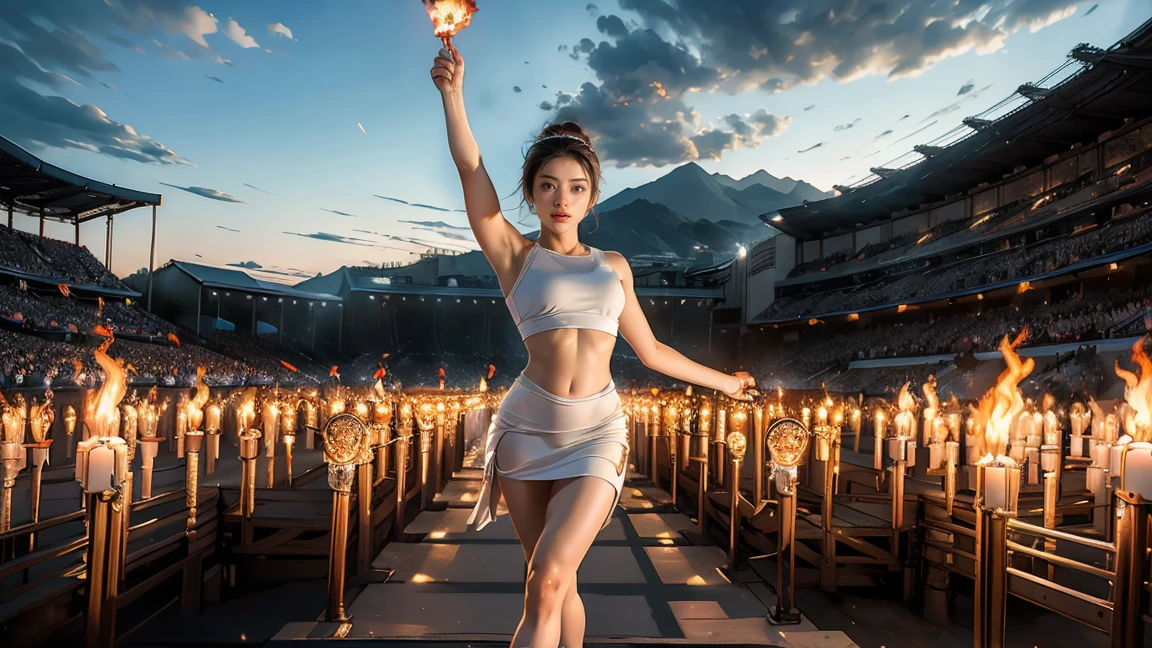 masterpiece, highest quality, Highest image quality, High resolution, photo realistic, Raw photo, wide shot, side view, full body photo, (Olympic Games open ceremony, 10 athletes walking in playground, hands up and holding fire torch and flag in hand and above the head, Olympic flames in the background)