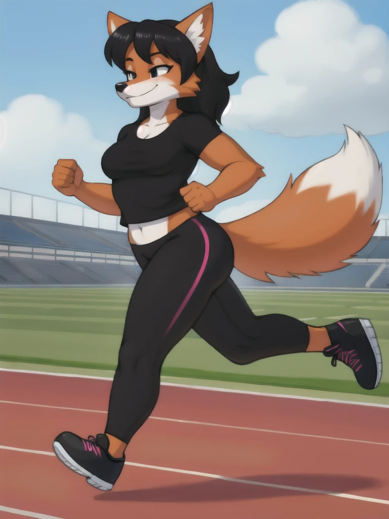 Furry, fox, female, black shirt, black leggings, shoes, running track, solo, full body