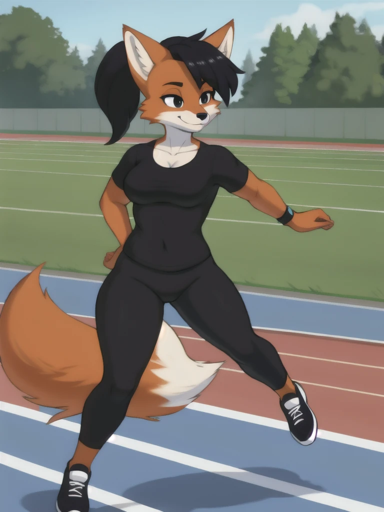 Furry, fox, female, black shirt, black leggings, shoes, running track, solo, full body
