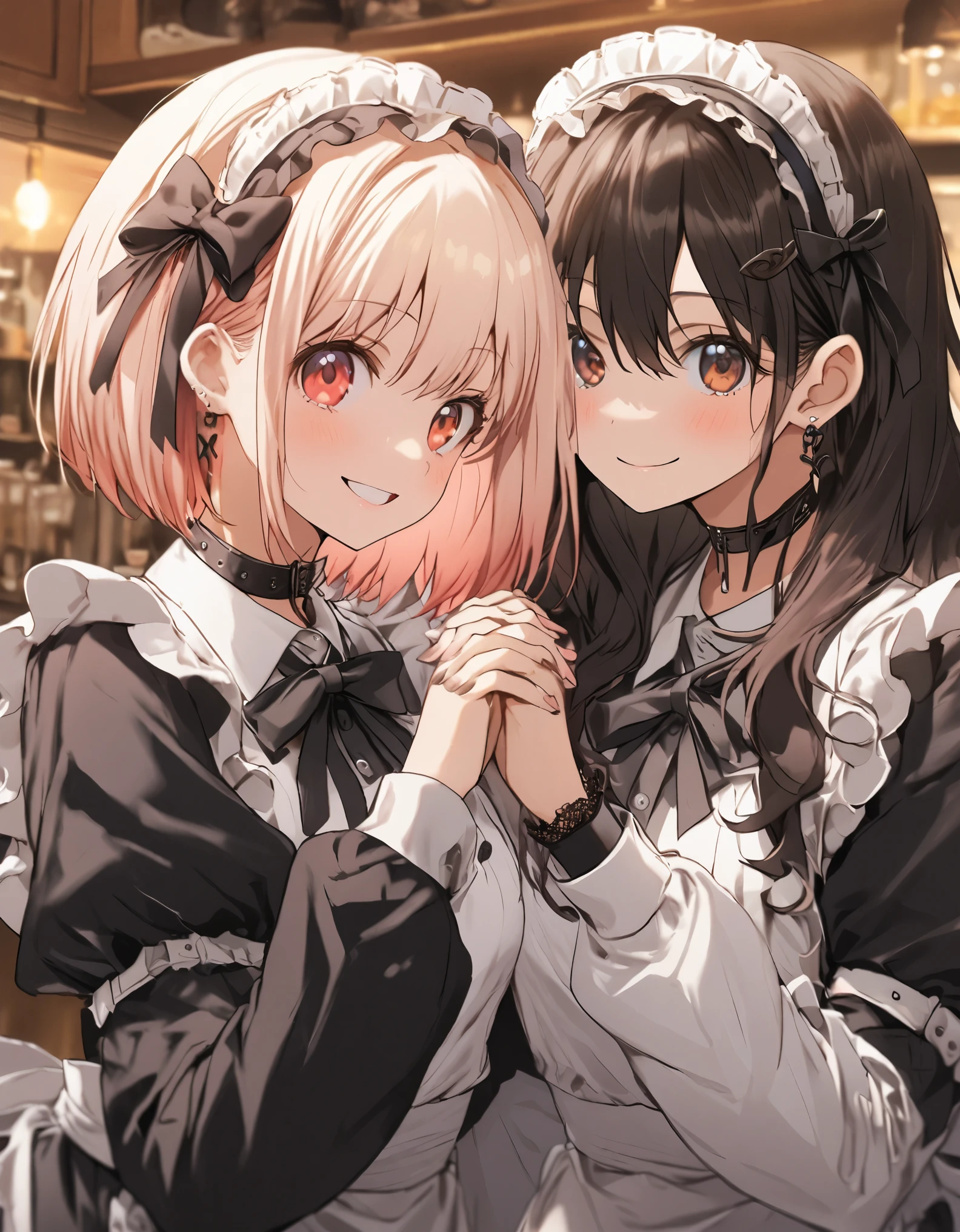 2girl, Chisato Nishikigi,Takina Inoue, kawaii, lolita fashion, (((Maid clothes))),hair ornament, hair between eyes, smiling, upper body, earrings, choker, join hands,Cafe background