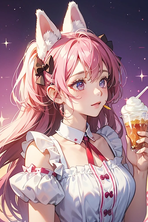 A snow cone GIRL dog Num with a dog-like expression. She is split into 2 colors: One side is strawberry, and the other side is presumably chocolate. One of her ears flops over. Her other ear is made out of a white straw adorned with purple bows. SPARKLE; GLITTER