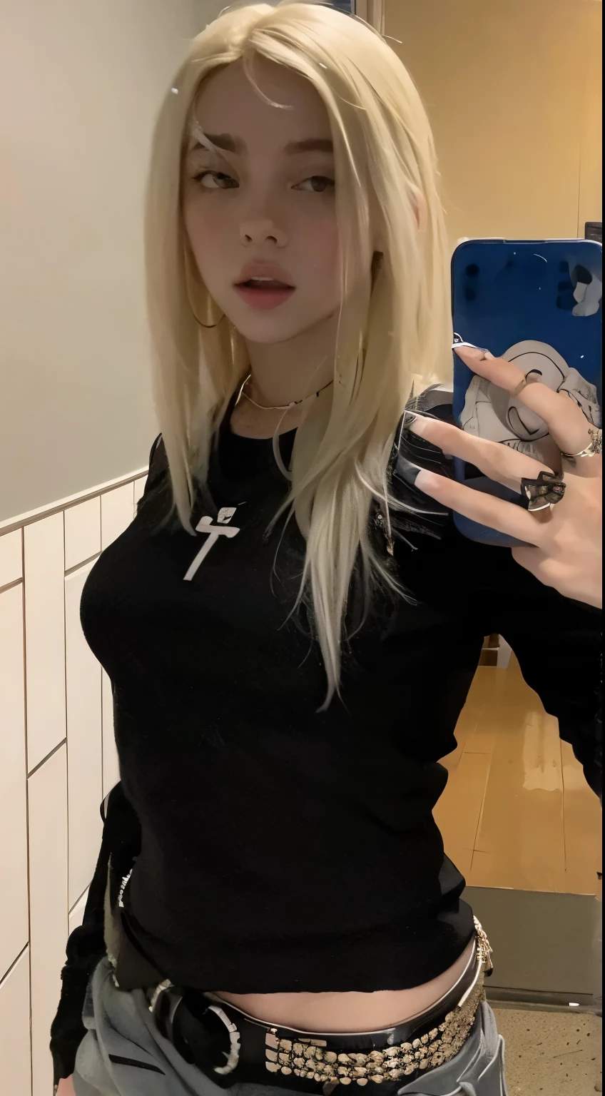 Araffed woman in a black bikini top taking a selfie, her navel is exposed, gothic aesthetic, goth girl aesthetic, midriff exposto, tinyest midriff ever, goth vibe, midriff nu, Bonito midriff, tiny black bra, metal bikini, physical : tinyest midriff ever, cintura exposta