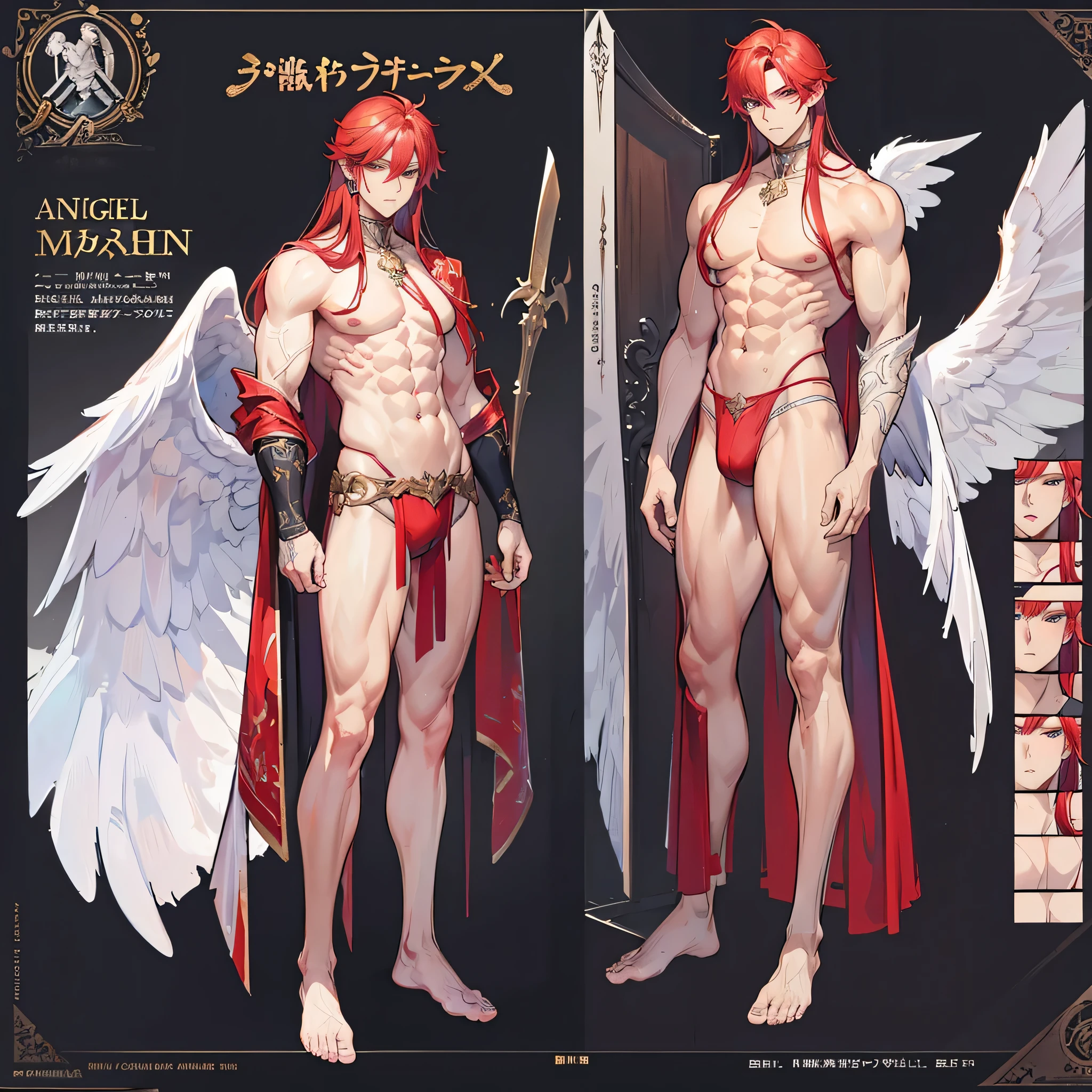 (Masterpiece, best quality), detailed, 1 man, ((character concept art)), ((character design sheet, same character, front, side, back)), full body, body complete, 1 Male angel, 1 Man angel, Detailed face, character design sheet，full bodyesbian, Highly detailed, character sheet, character design, Many parts, dark skin, angel wings, long red hair, angel outfit, muscle male god, male clothes, masculine, muscle man, male muscle, manly, male angel, Muscle male long red hair，beautiful man, beautiful muscle man, abs, pectoral muscle