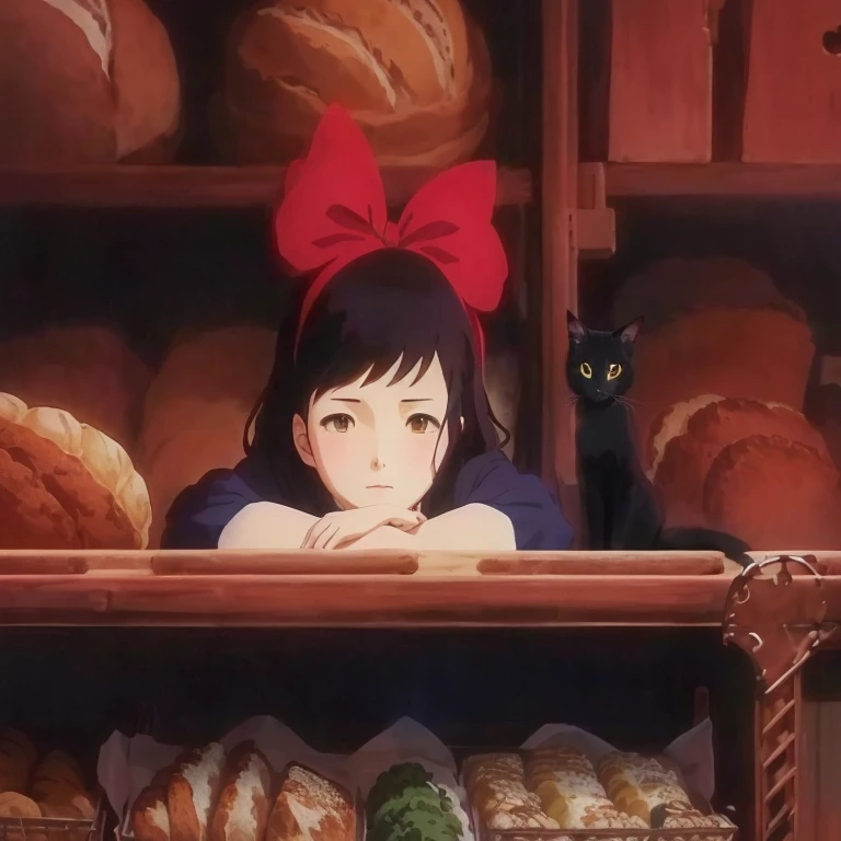 Anime girl looking at bread rack and a cat nearby, Studio Ghibli filter, Studio Ghibli painterly style, Kiki's Delivery Service, Scrape Delivery Service, Ghibli Studio Anime Style, Sulky :: Studio Ghibli, Ghibli anime style, in style of Studio Ghibli, Ghibli and Ilya Kuvshinov, in the Studio Ghibli anime film, Ghibli and Disney Animation