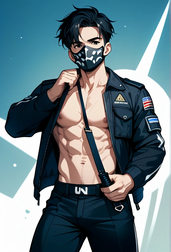 masterpiece, best quality, male, (wearing mask, full mask, covered eyes, covered face), wearing black visor, short hair, black hair, spiky hair, mature muscular body, (operative clothing), black tactical jacket, tactical pants, underground basement, (holding machete)