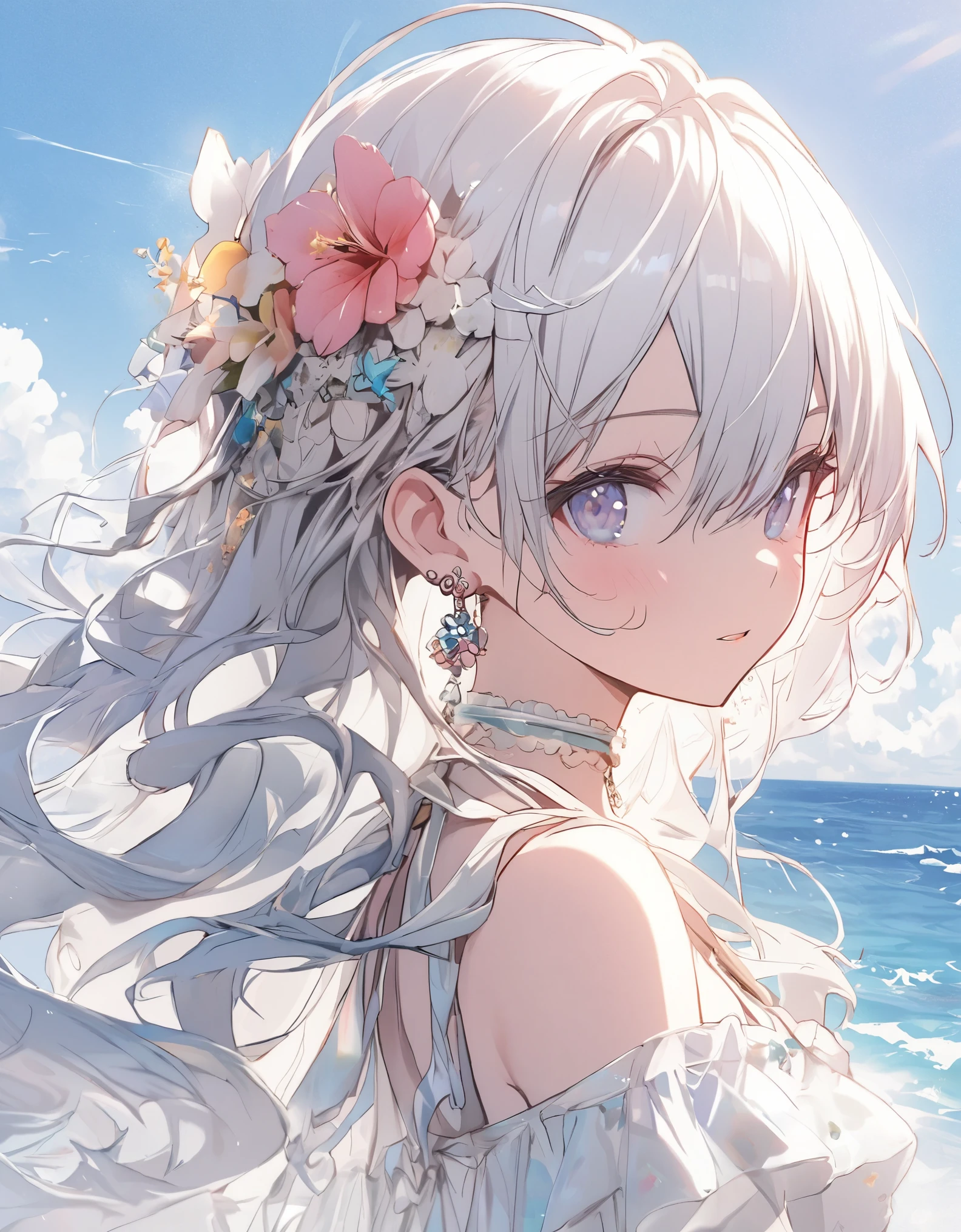 1girl, , kawaii, long hair, bangs, hair ornament, hair between eyes, bare shoulders,wearing bikini, jewelry, flower, white hair, earrings, choker, hair flower, from front, portrait, Sea background,