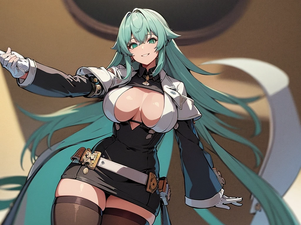 High detailed, 1 girl, New Jersey, cyan long hair, Green eyes, busty, firm chunky body white shirt, , deep cleavage, , Juliet sleeves, pencil skirt, black thighhighs, white gloves, tall, smiling