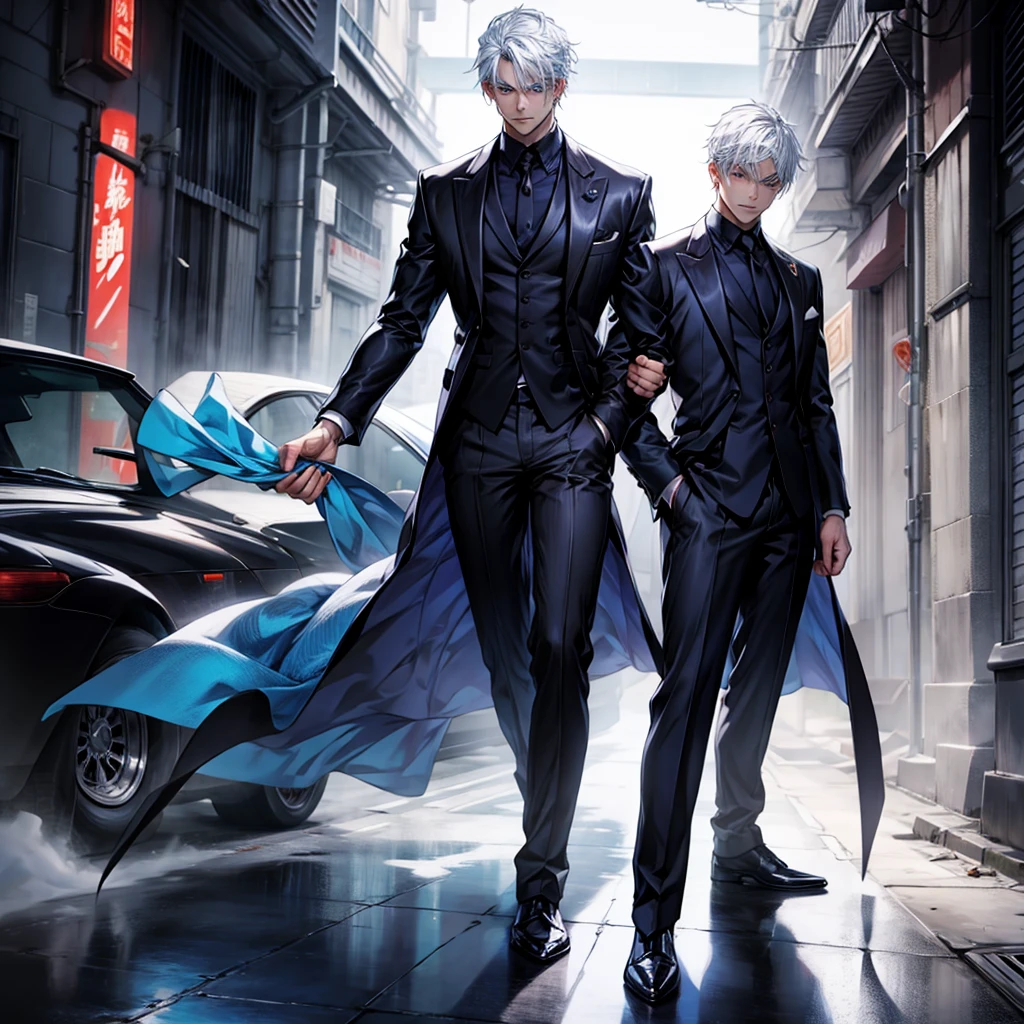 Full-body image, man standing, White hair, blue colored eyes, 精致的面容, serious and mysterious expression, polished and formal suit, cinematic light, dramatic shadows, 8k, digital paint, hyper detailed